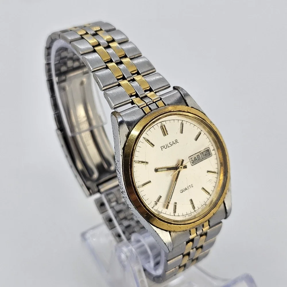 VTG Pulsar Men's Watch 35MM Gray Dial Day Date Two Tone Band 7.5